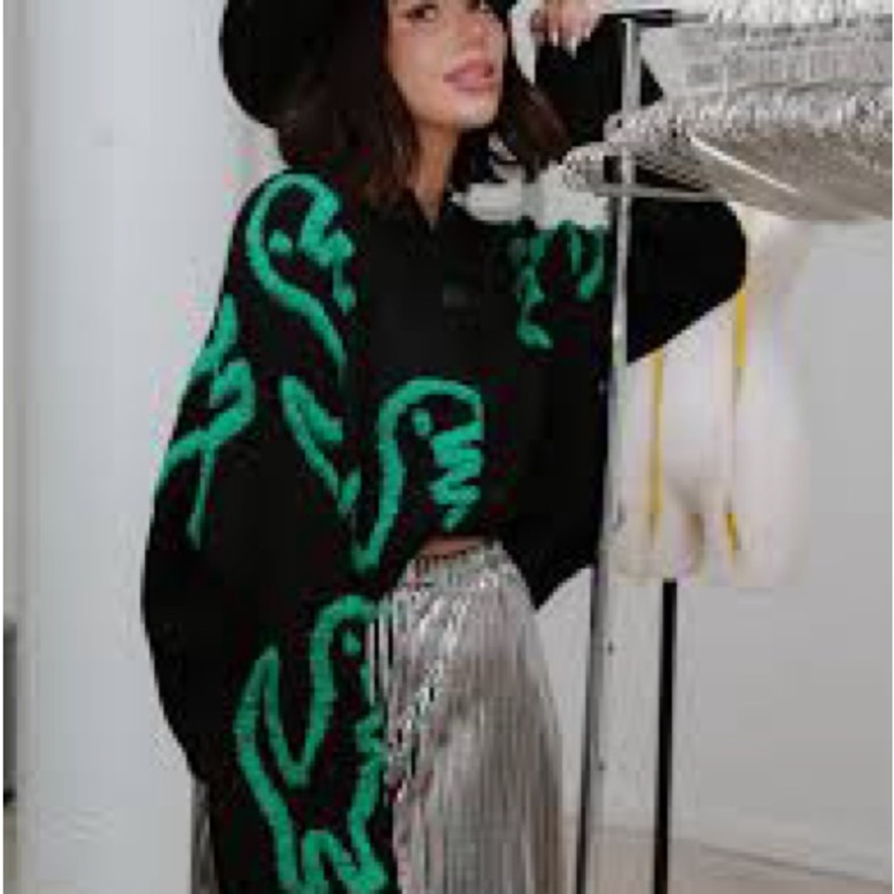 Dressed in LALA Black and Green Sweater Cardigan